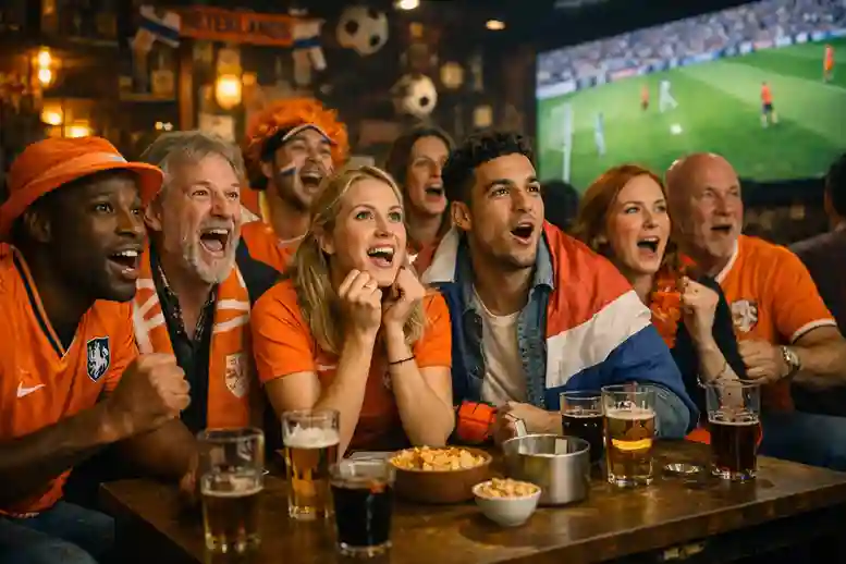 Supporters kijken gespannen naar een live voetbalwedstrijd op groot scherm
